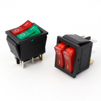 Twin single switch, boat shape KCD3, KCD8-212N with light, 6-pin two way power switch
